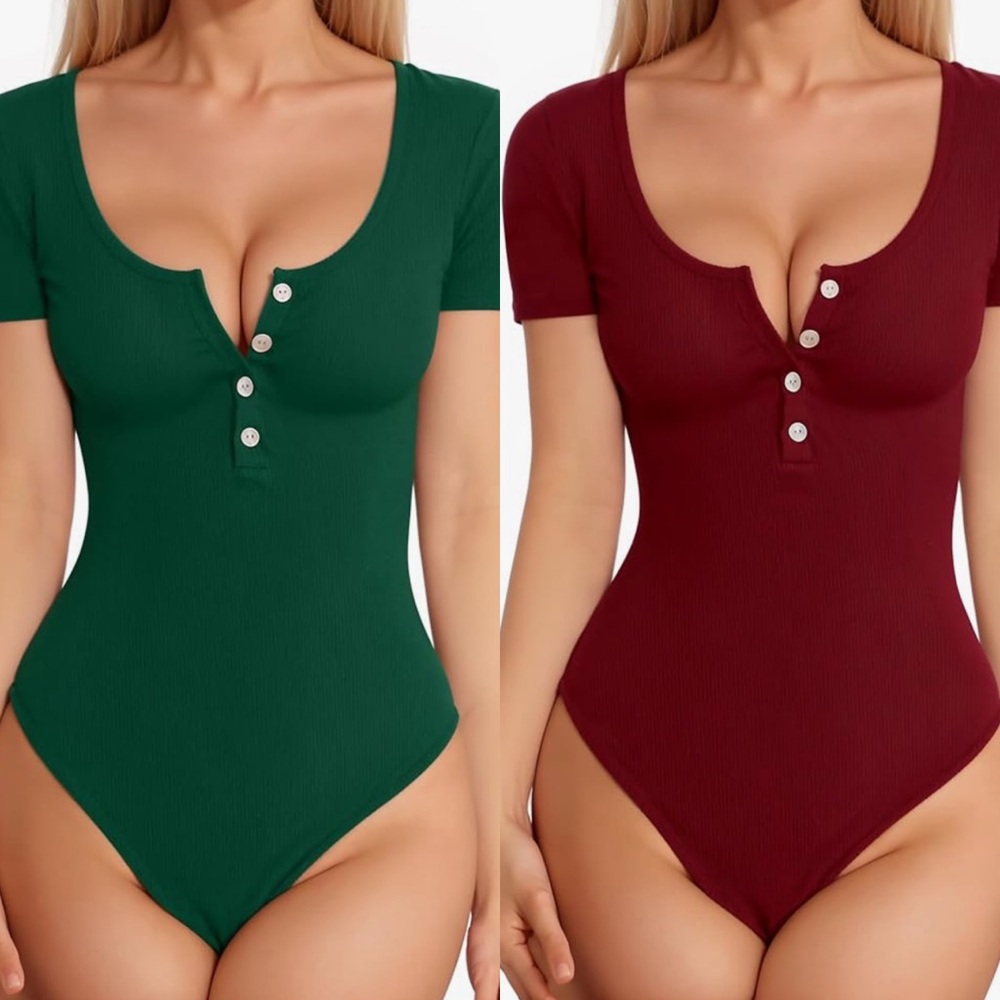 DEAL! Mangopop Scoop Neck Henley Ribbed Bodysuits